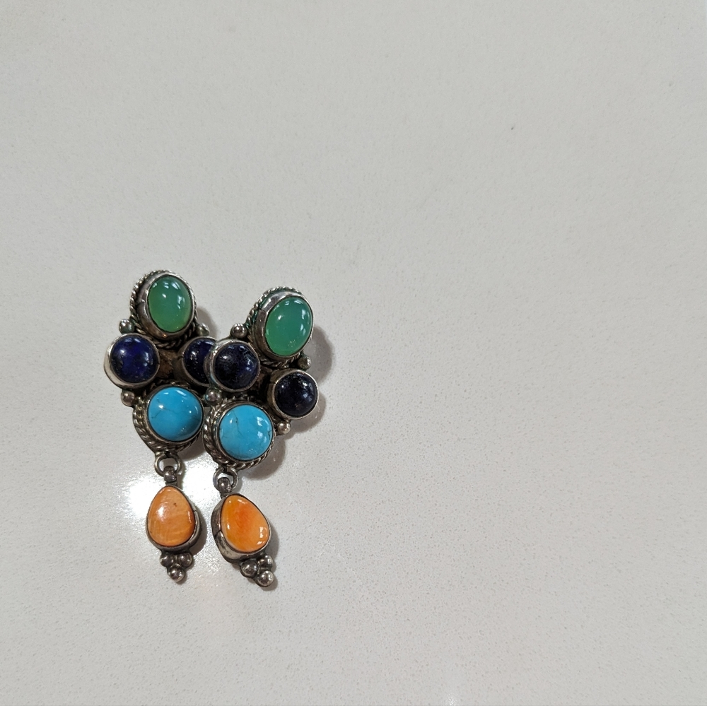 Sterling Silver, Turquoise, Lapis, Carnelian and Aquamarine Earrings